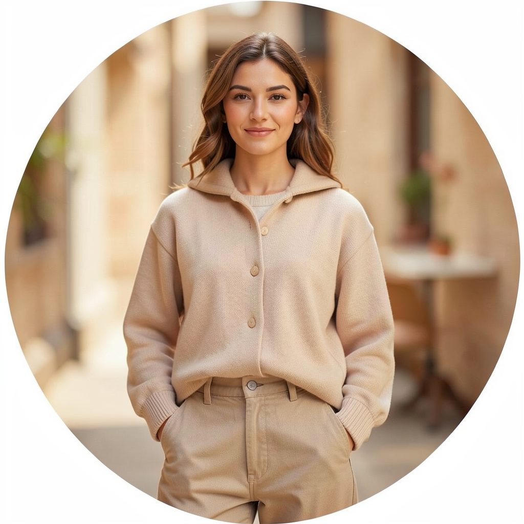Circular soft-focus fashion-lifestyle image in warm neutral tones