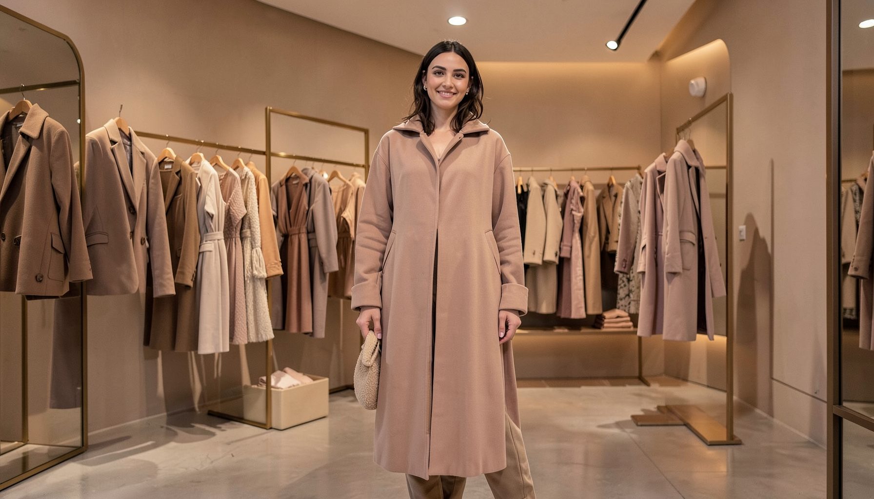 Warm taupe and blush fashion display with soft ambient lighting, upscale boutique feel