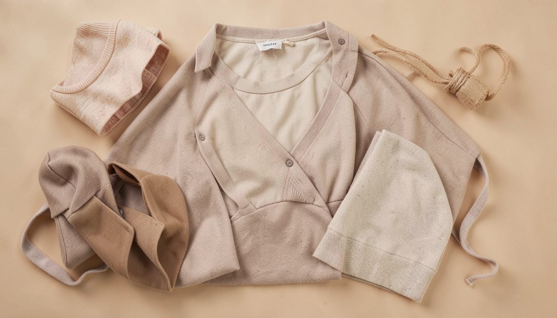 Softly lit fashion flat-lay with neutral-toned clothing and accessories on a warm beige background