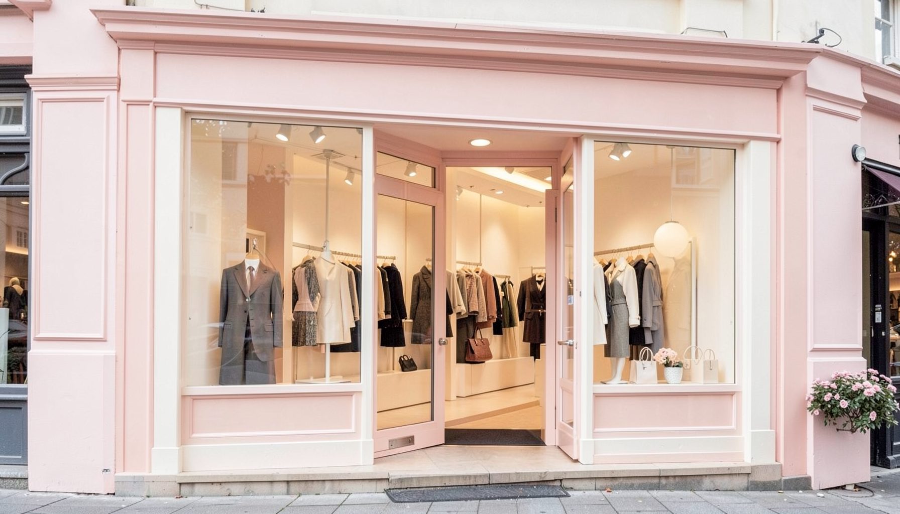 Elegant storefront with soft pink and cream tones, sophisticated fashion retail setting