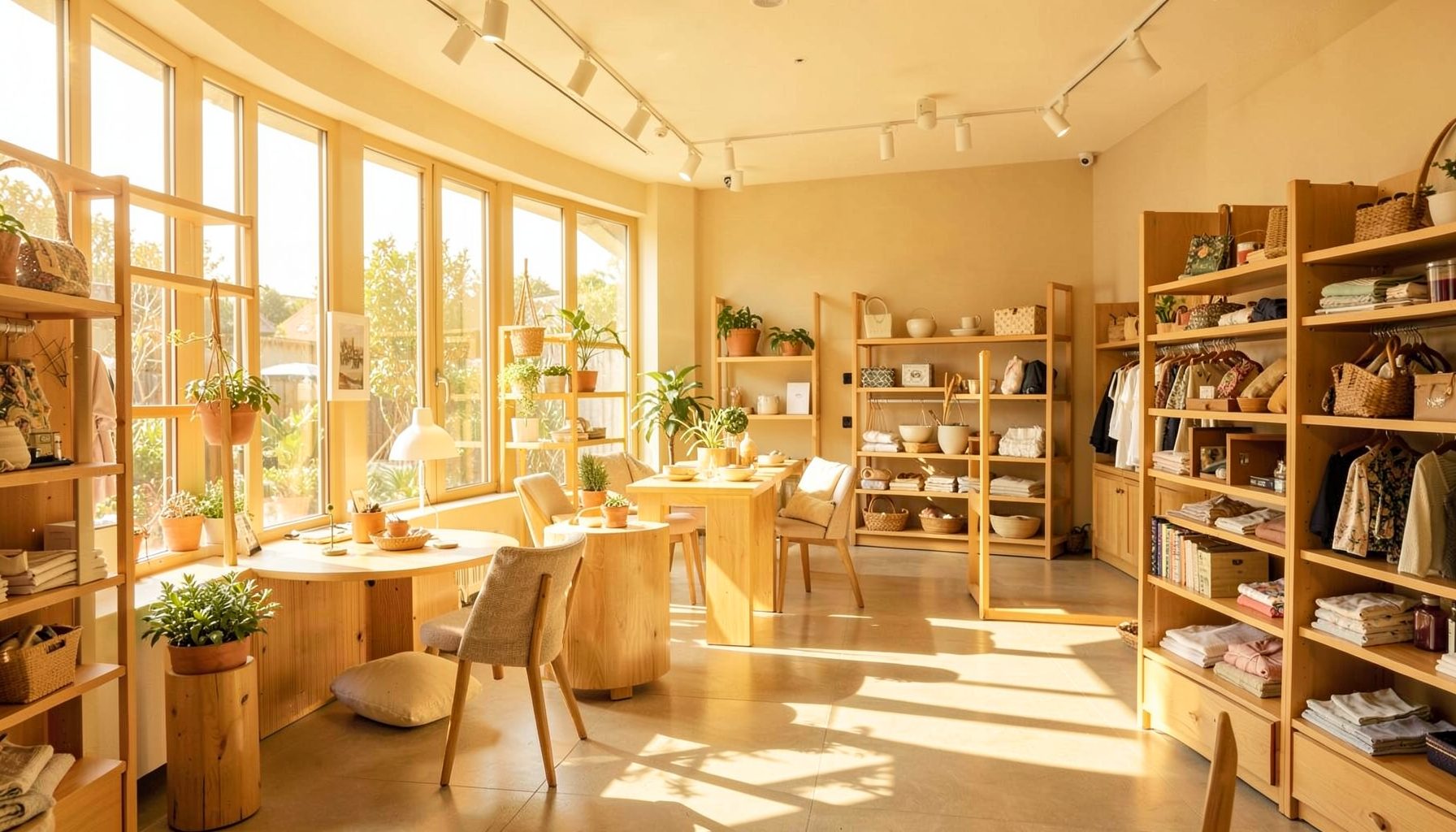 Bright sunlit retail interior with warm golden tones, relaxed summer atmosphere