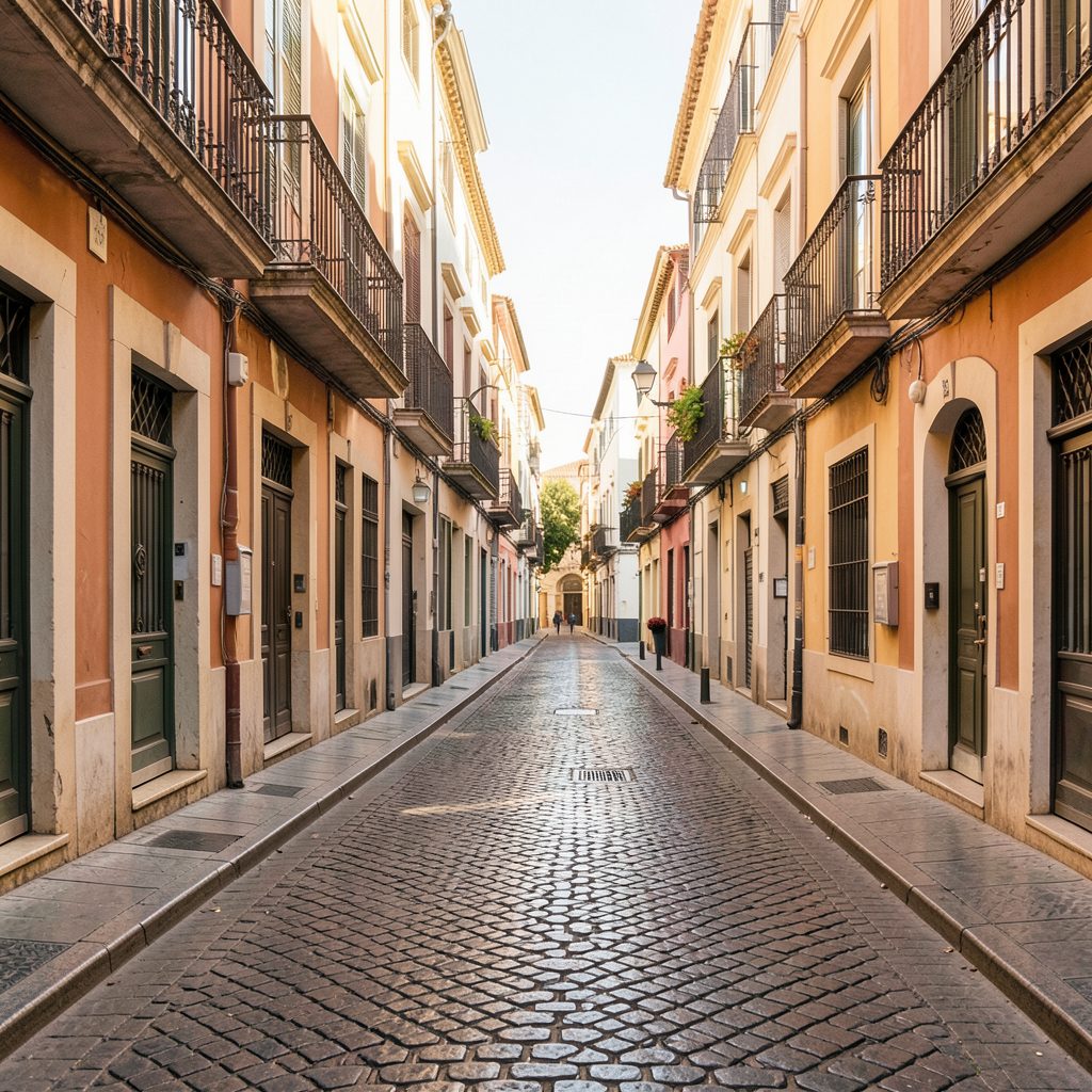Soft atmospheric image of a sunlit Barcelona street with warm terracotta and cream tones, evoking a calm Mediterranean afternoon