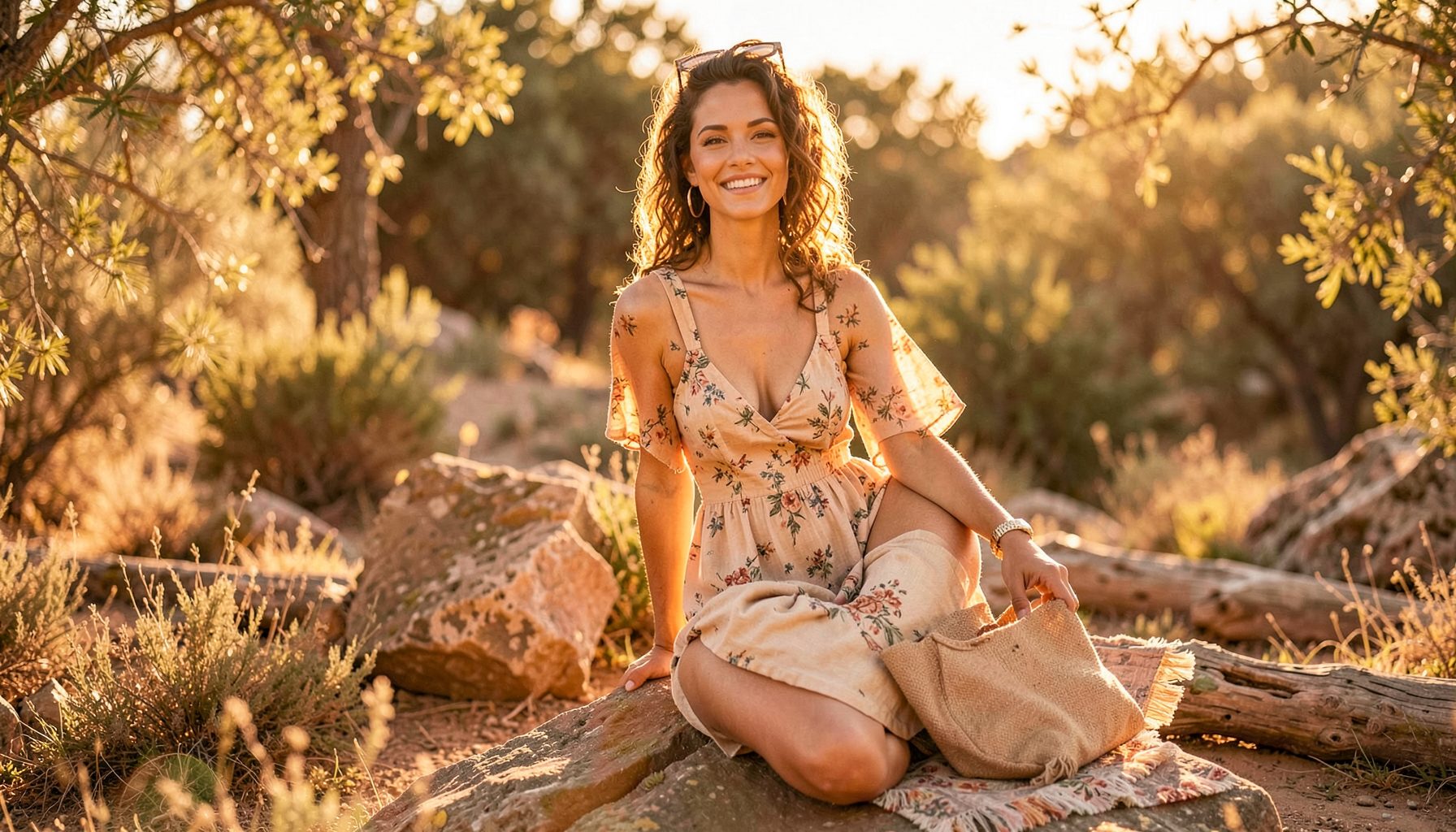 A fashion campaign scene with sunlit golden-hour glow, relaxed summer styling and warm earthy colors