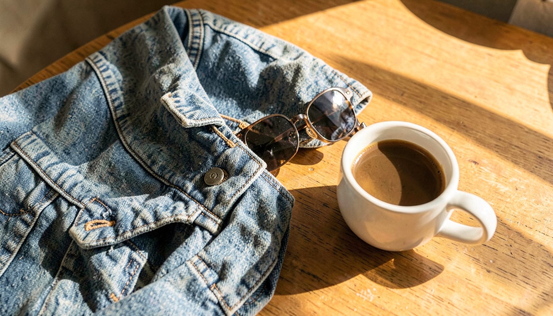 Warm-toned lifestyle flat lay with denim jacket, sunglasses, and a coffee cup on a sunlit table