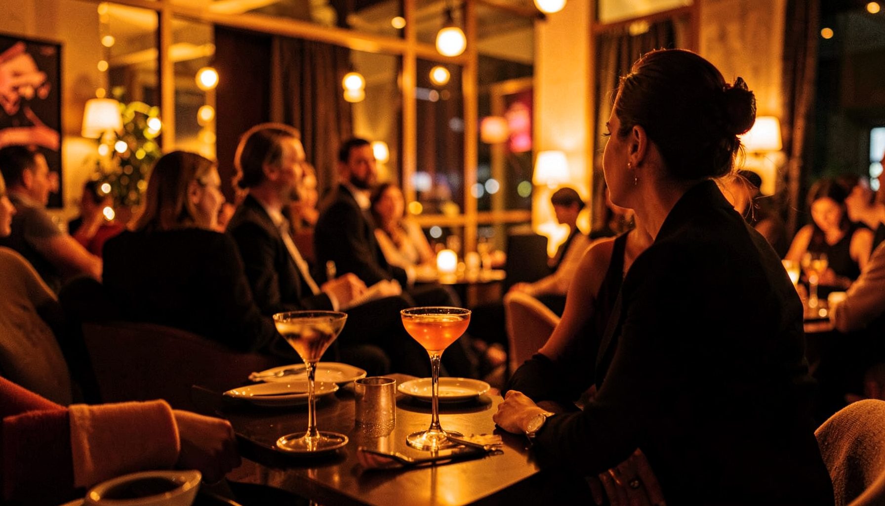 Vibrant event atmosphere with warm amber lighting, cocktail glasses, and fashion-forward silhouettes in a lounge setting