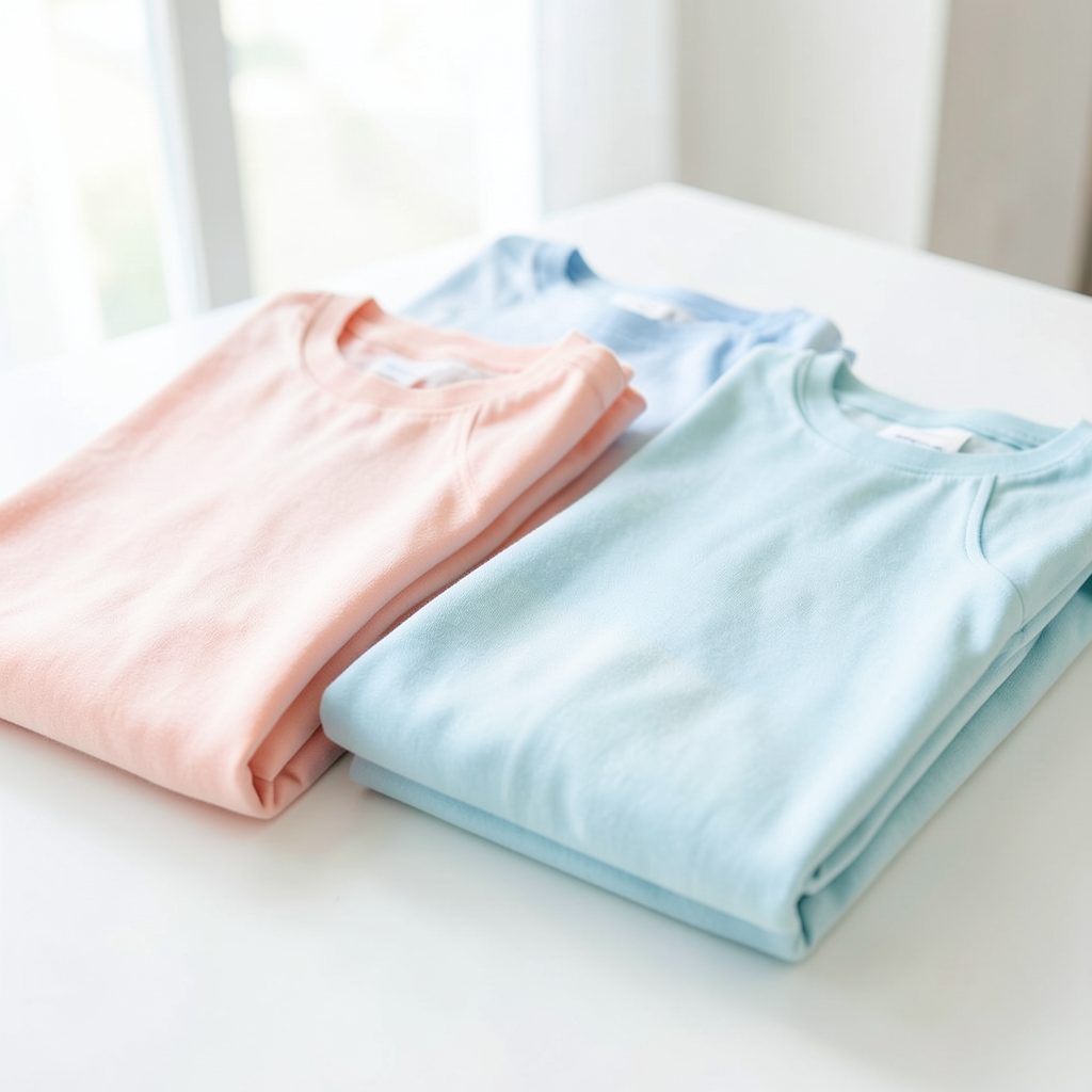 Bright, airy image of folded pastel garments on a clean white surface with soft natural light