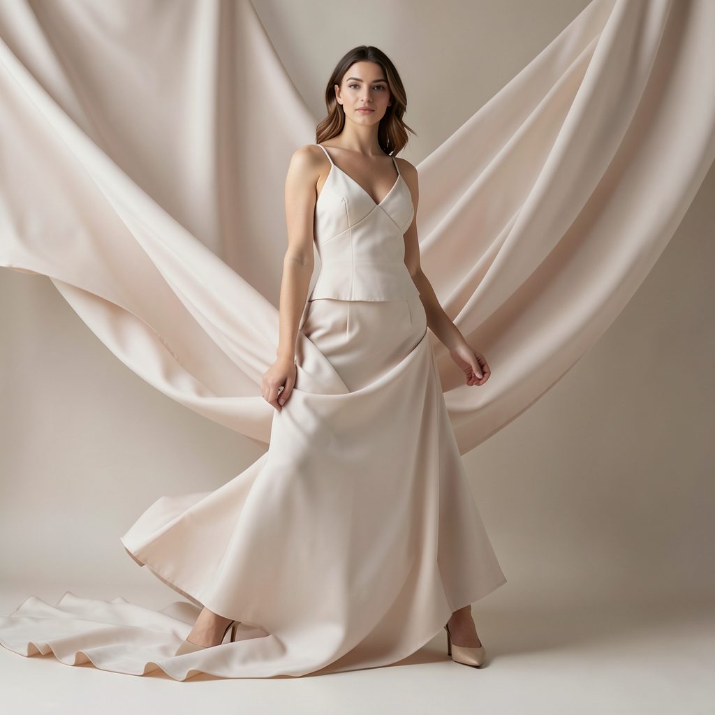 Elegant fashion editorial scene with soft neutral tones, flowing fabric, and refined studio lighting