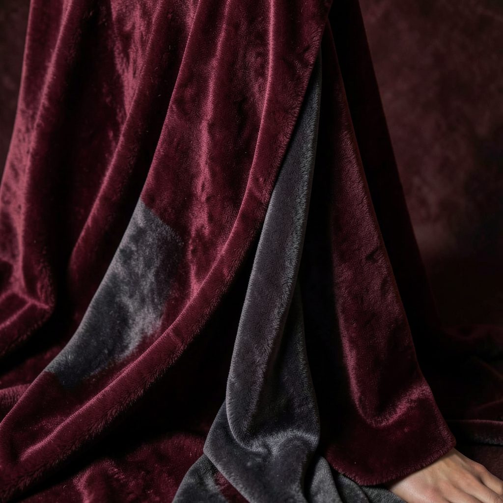 Rich autumnal fashion imagery with deep burgundy and charcoal tones, luxurious textured fabrics