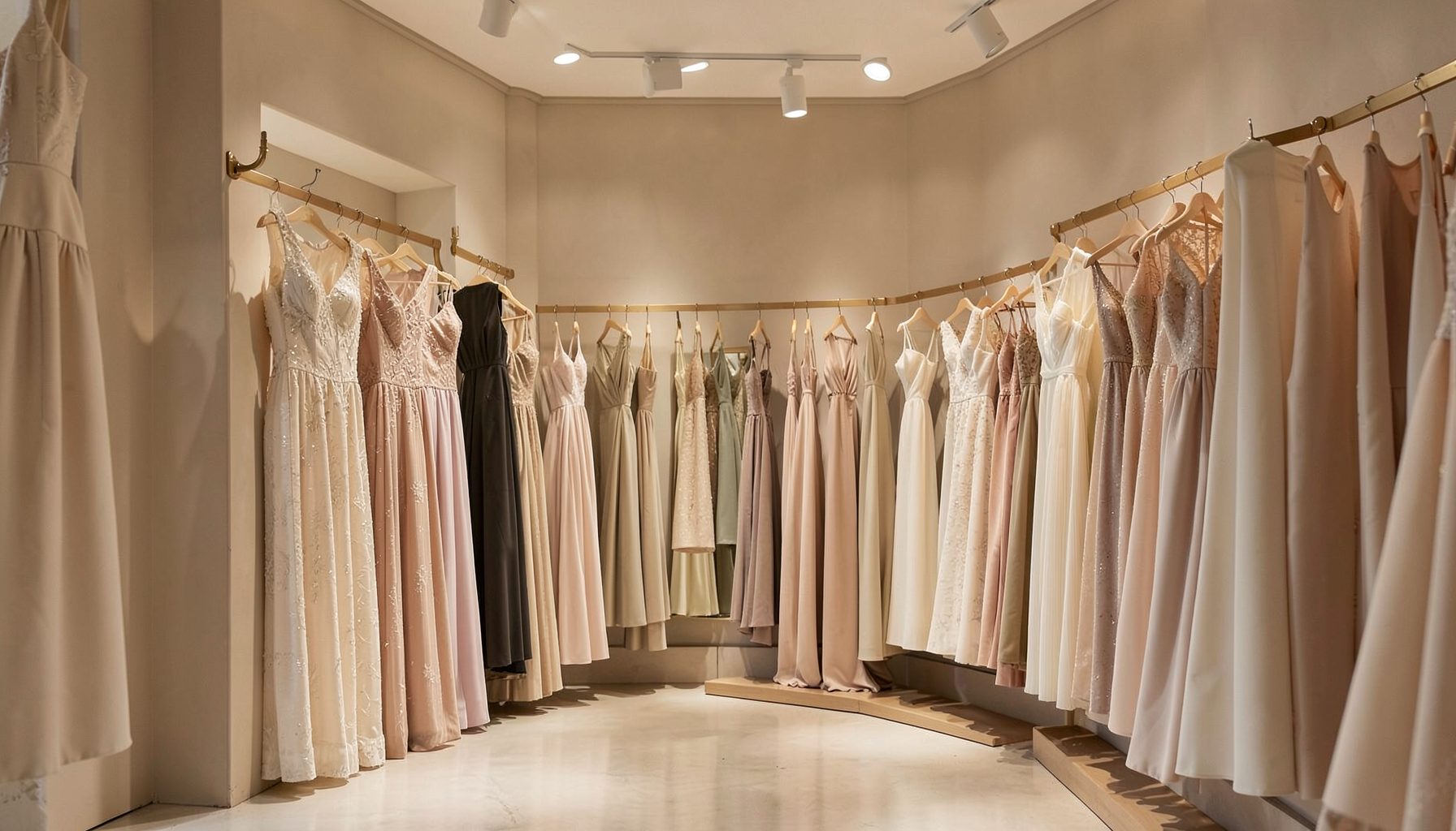 A softly lit boutique interior with flowing dresses on display, warm neutral tones and elegant ambiance