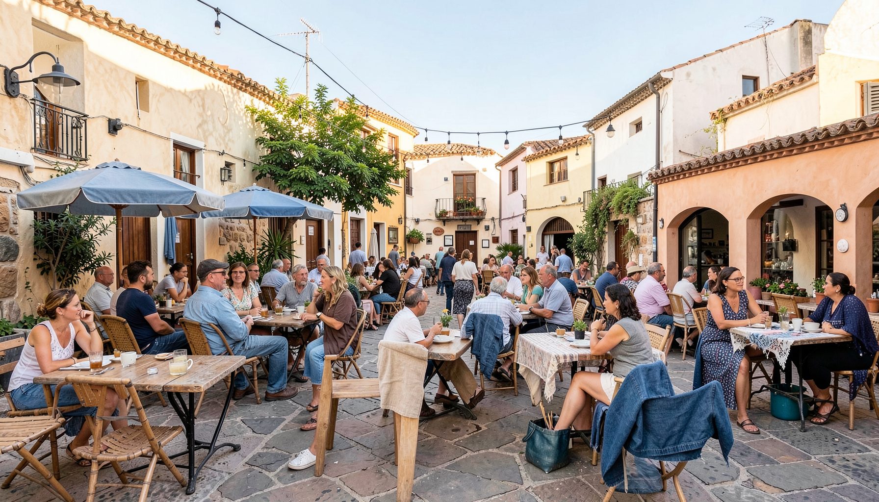 Warm Mediterranean plaza scene with denim blue accents, community gathering atmosphere