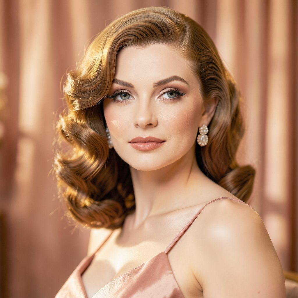 Soft glamorous portrait with warm golden and rose tones, evoking classic Hollywood elegance