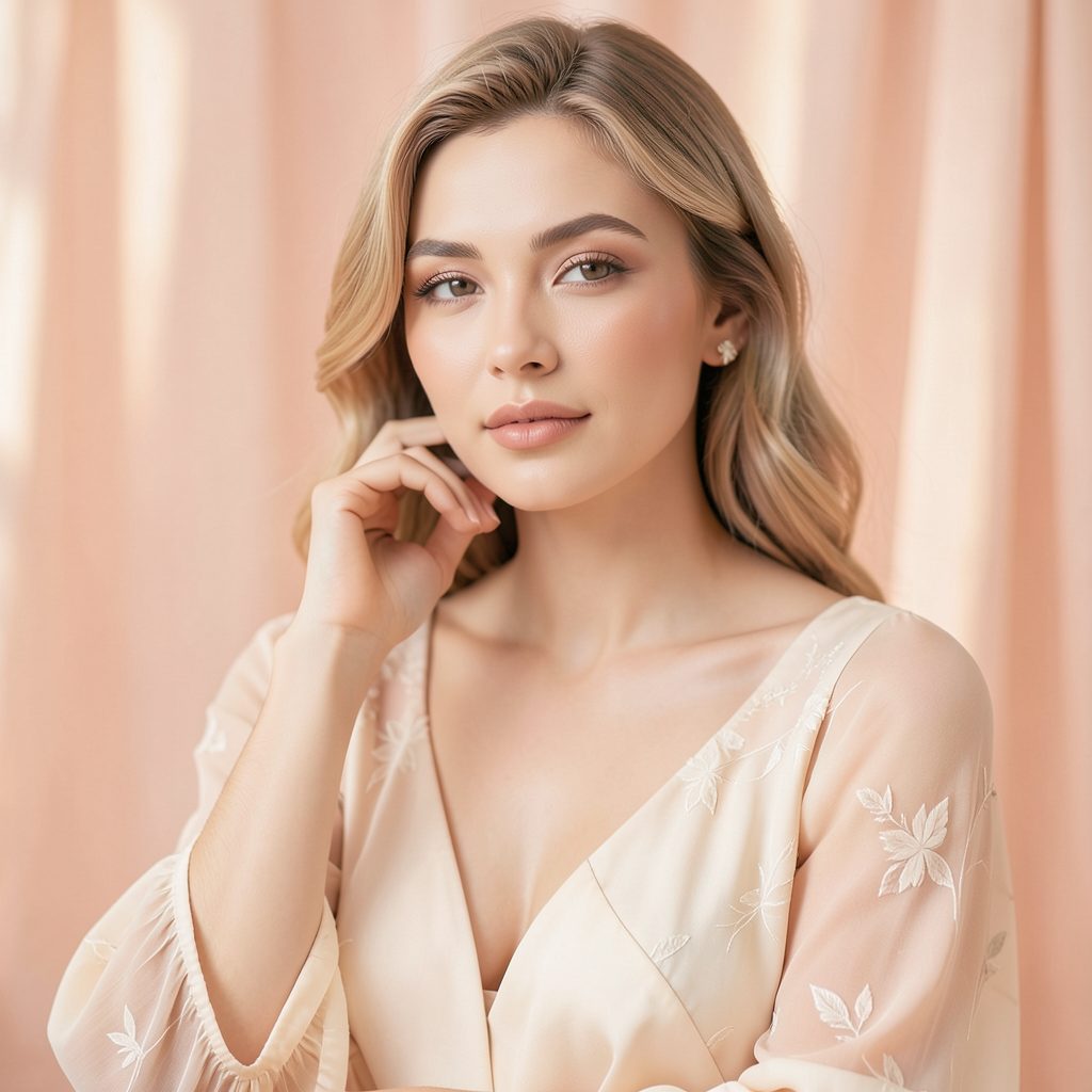 Soft, romantic fashion portrait with warm blush and ivory tones, dreamy editorial atmosphere
