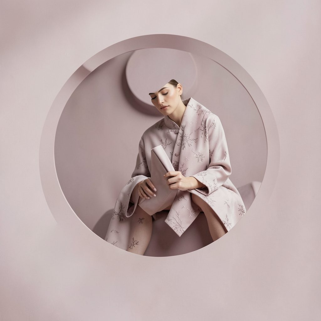 Circular fashion-editorial image in soft mauve-pink tones, elegant and aspirational