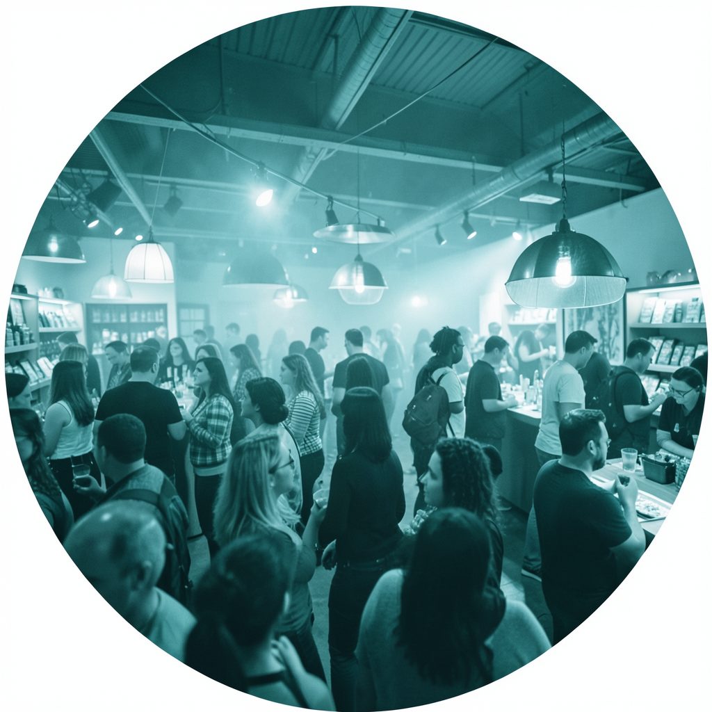 Circular image in dusty teal tones suggesting a lively in-store event atmosphere